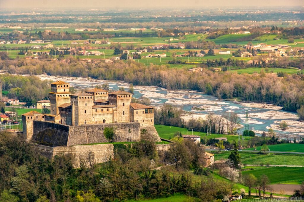 Parma - Italy - Torrechiara italian castles  aerial view  of the Castello di Torrechiara  in Emilia Romagna panorama - Italian Castles