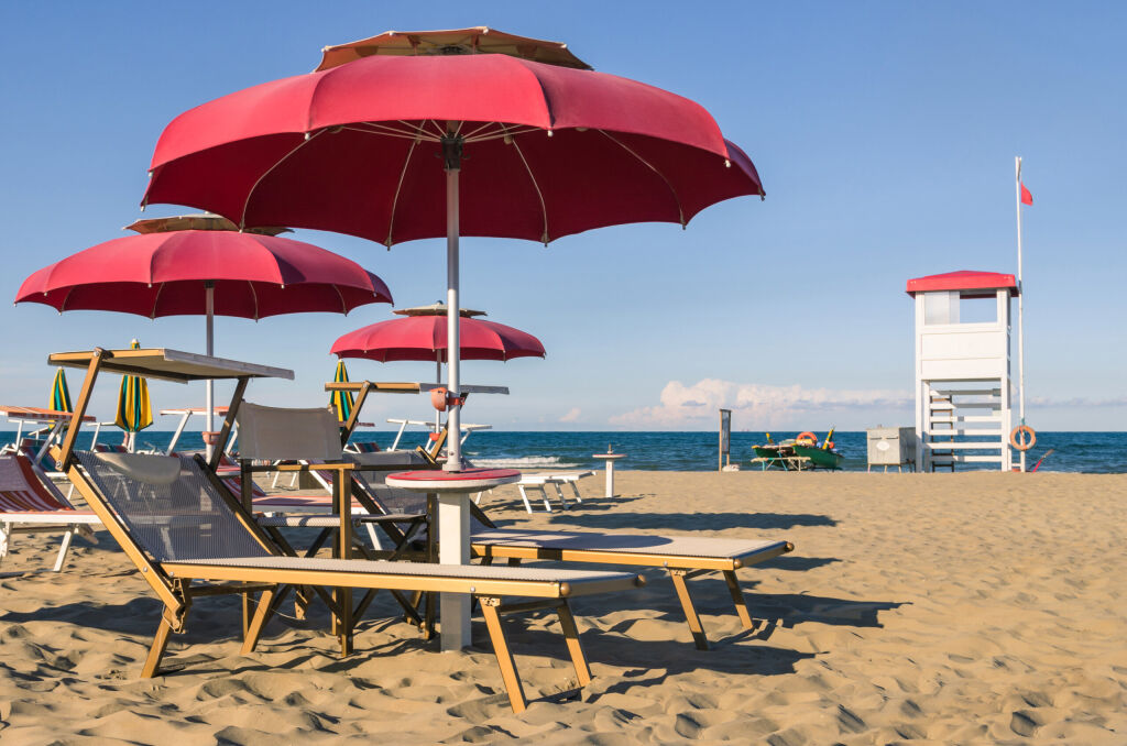 Umbrellas and sunbeds - Rimini Beach - Italy