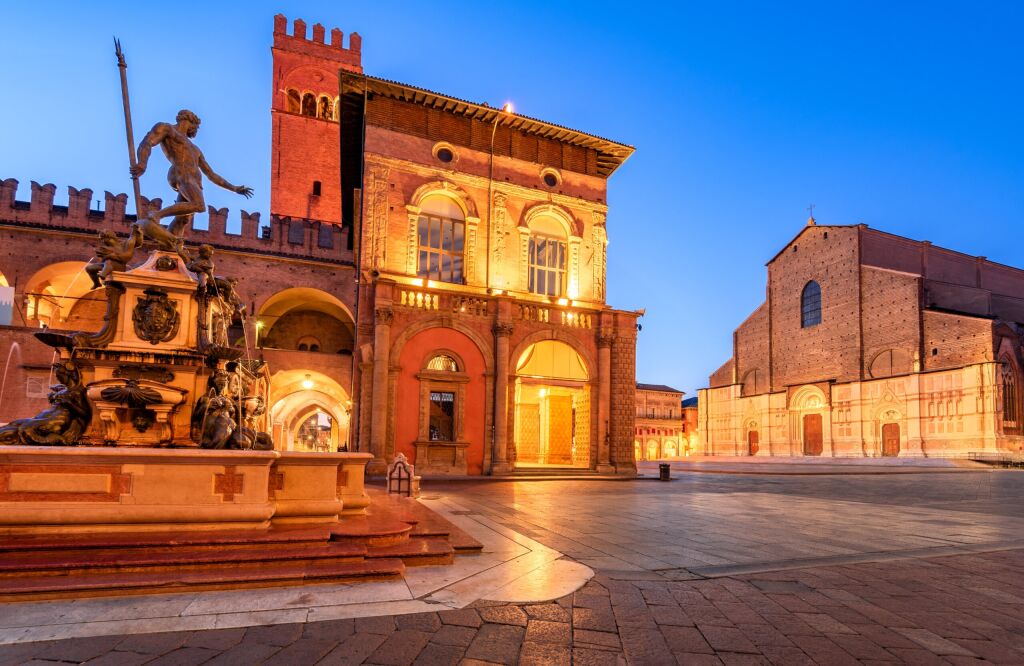 Bologna, Italy. Piazza del Nettuno and Piazza Maggiore in Bologna, Italy landmark in Emilia-Romagna historical province.
