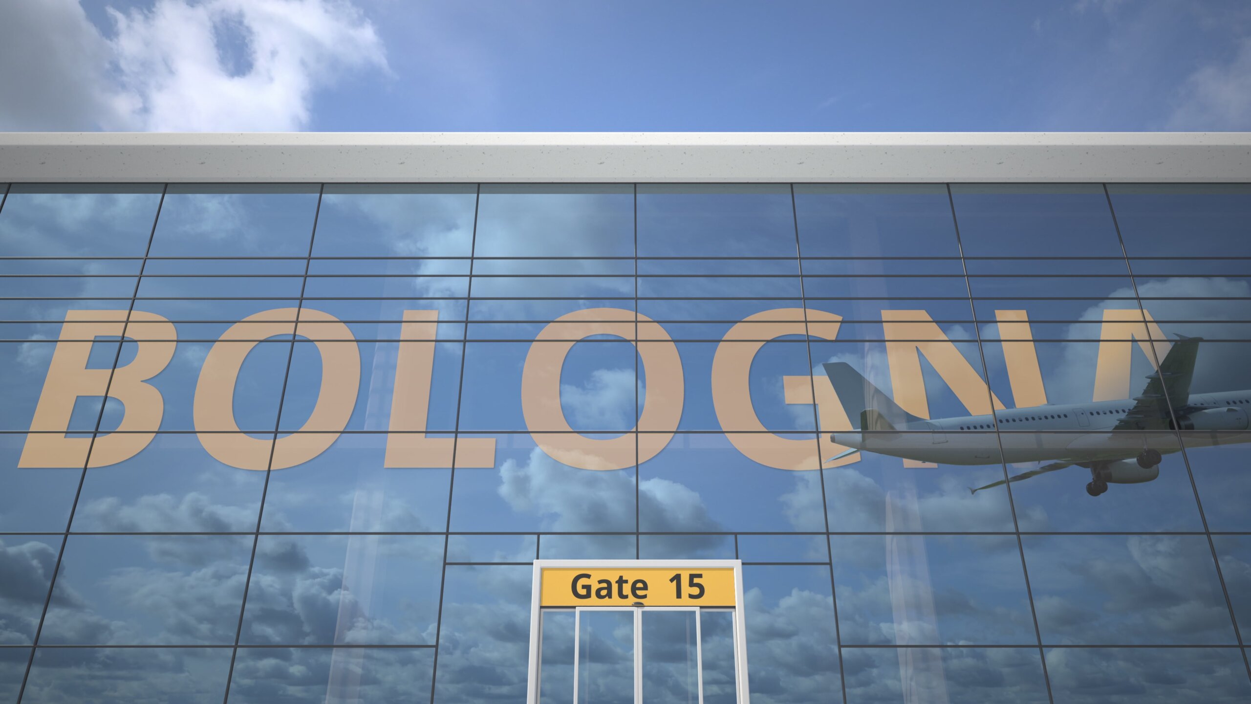 Samolot odbija się w terminalu lotniska z nazwą miasta Boloni