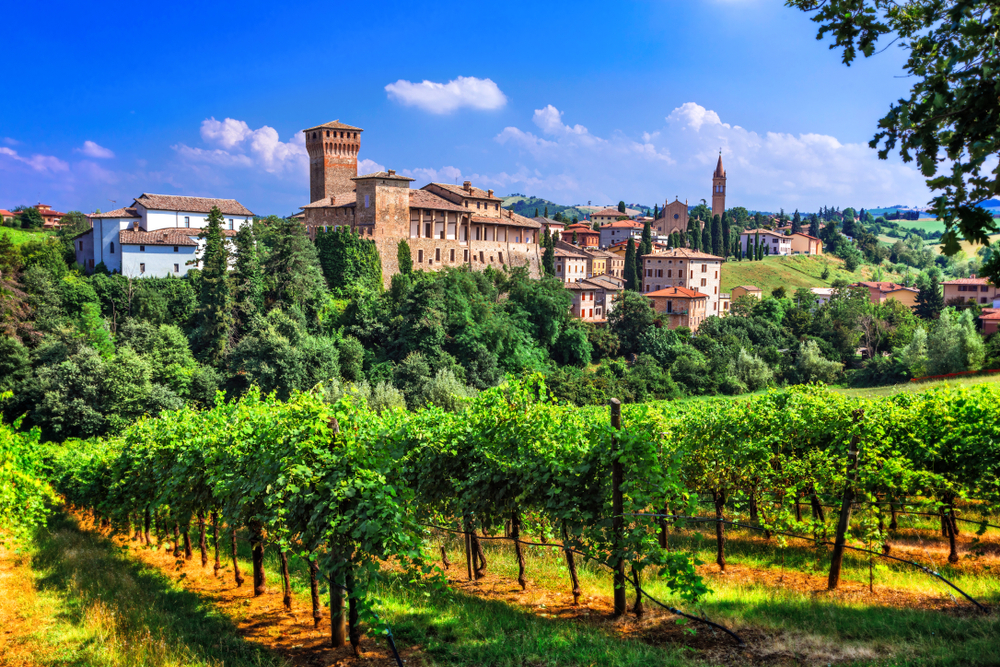 Romantyczny szlak winnic z zamkami średniowiecznymi we Włoszech. Emiglia Romana, wieś Levizzano z winnicami, licencja: shutterstock/By leoks