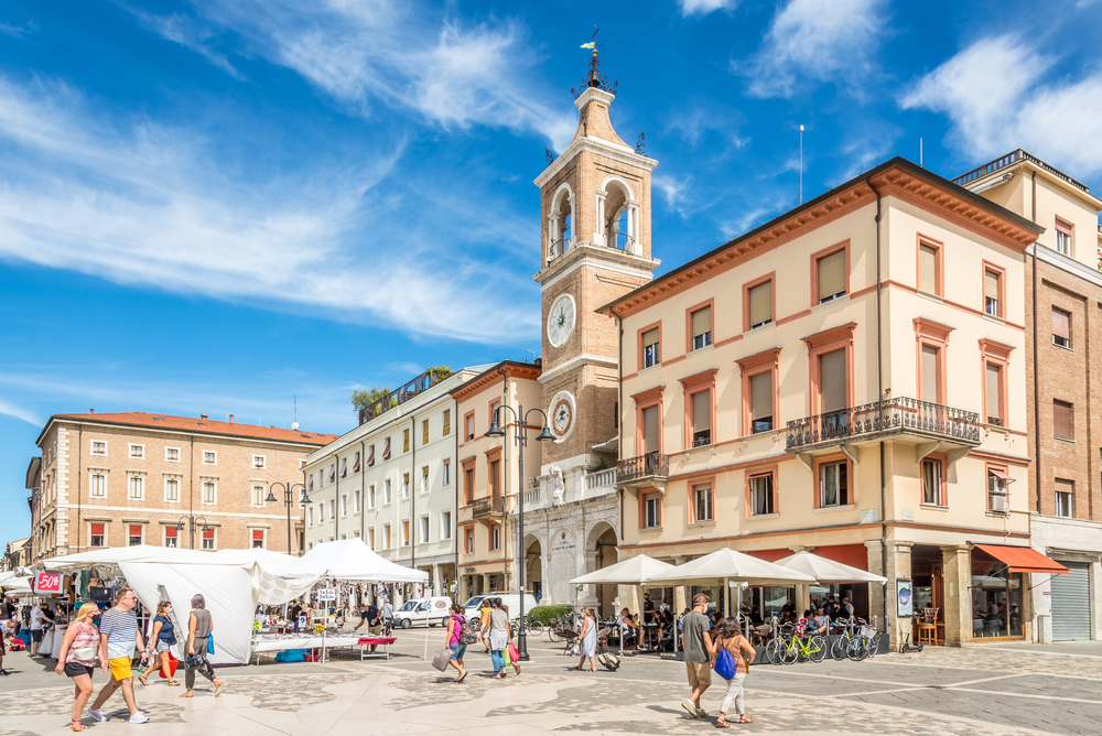 RIMINI,ITALY - SEPTEMBER 2,2020 - Market at Three Martyrs Square in Rimini. Rimini city was founded by the Romans in 268 BC.