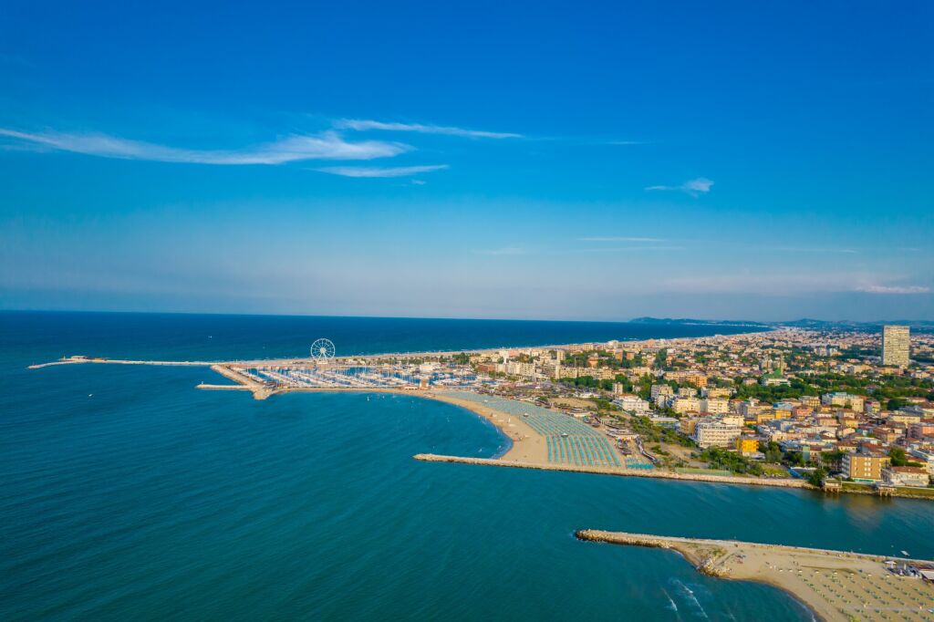 Aerial view of the coastline of the resort of Rimini in Italy