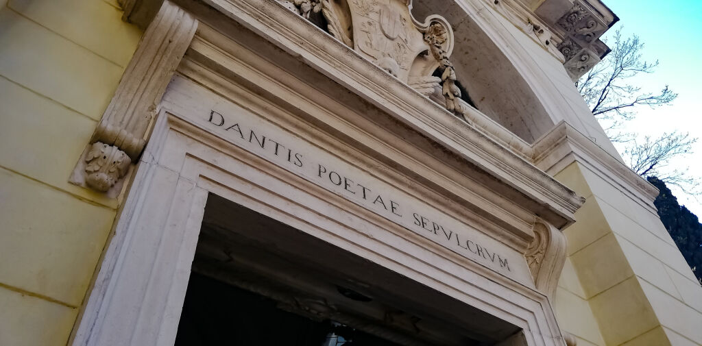 “Sepulcher of the poet Dante”. Pediment of the chapel which houses Dante Alighieri's bones in Ravenna, Italy