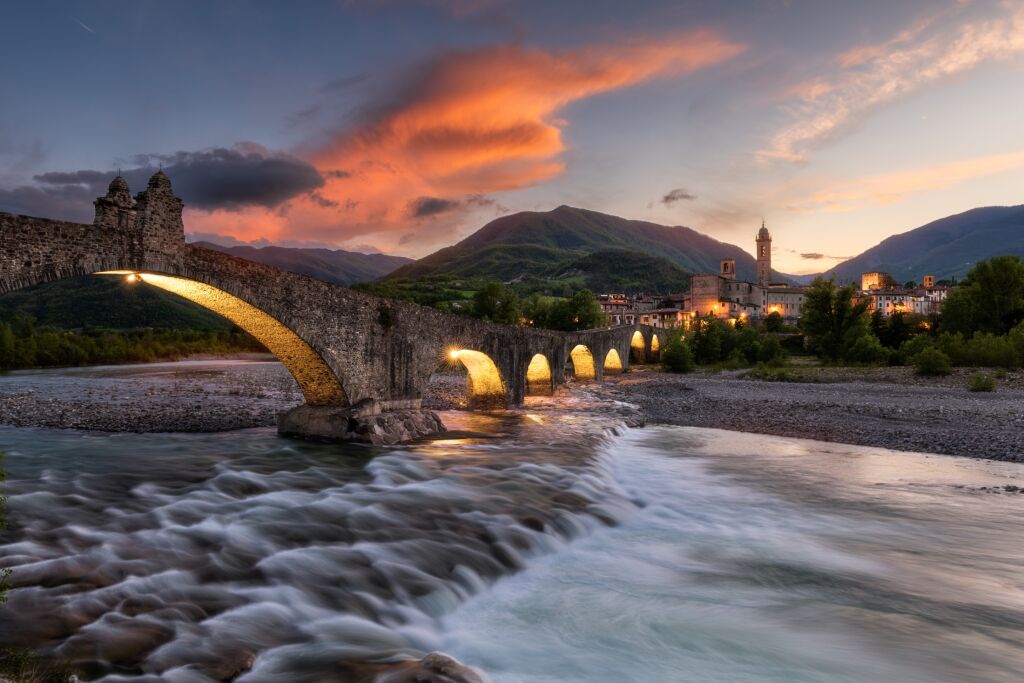 Bobbio and Bridge of Devil at sunset. Emilia Romagna, Italy