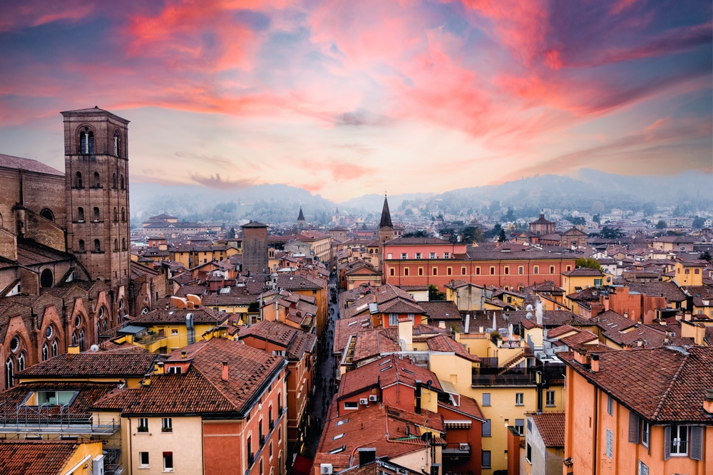 Bologna. Medieval city in Emilia Romagna in Italy Europe. Art and culture. Tourists from all over the world for Piazza Maggiore, Via Indipendenza, the leaning towers and the oldest university